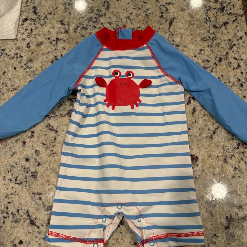 Little Me Blue and White Striped Rash guard with Red Crab